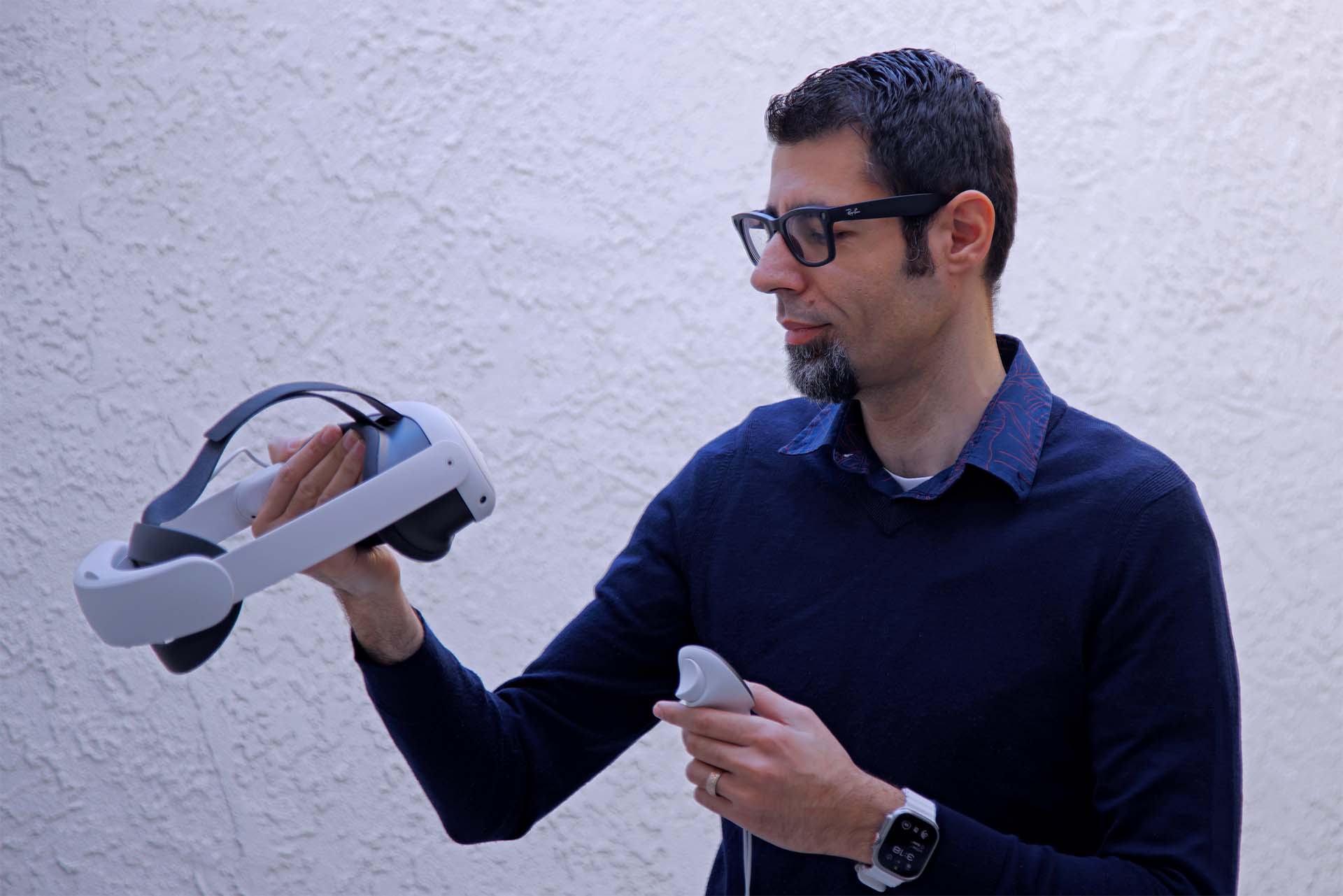 An engineer uses an AR headset to visualize a CAD file.