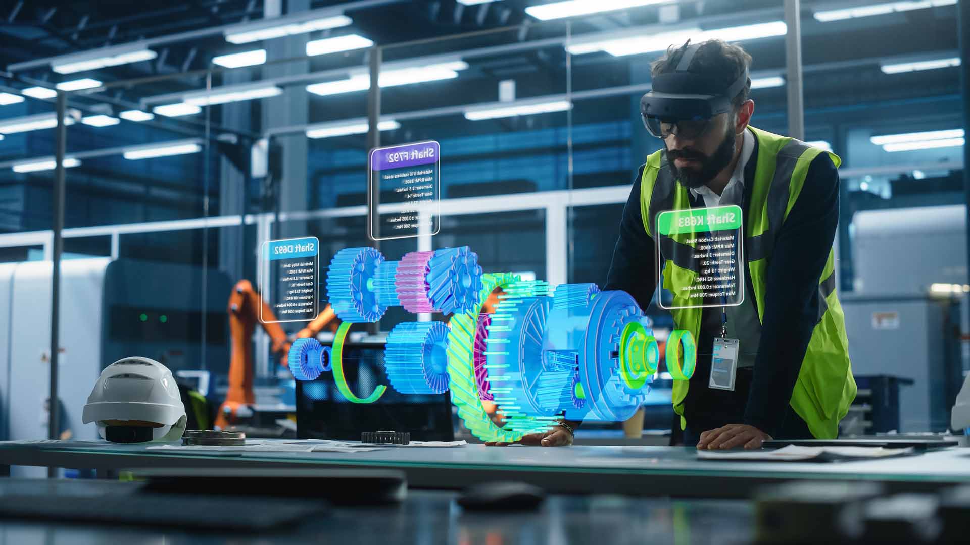 An engineer uses an AR headset to visualize a CAD file.