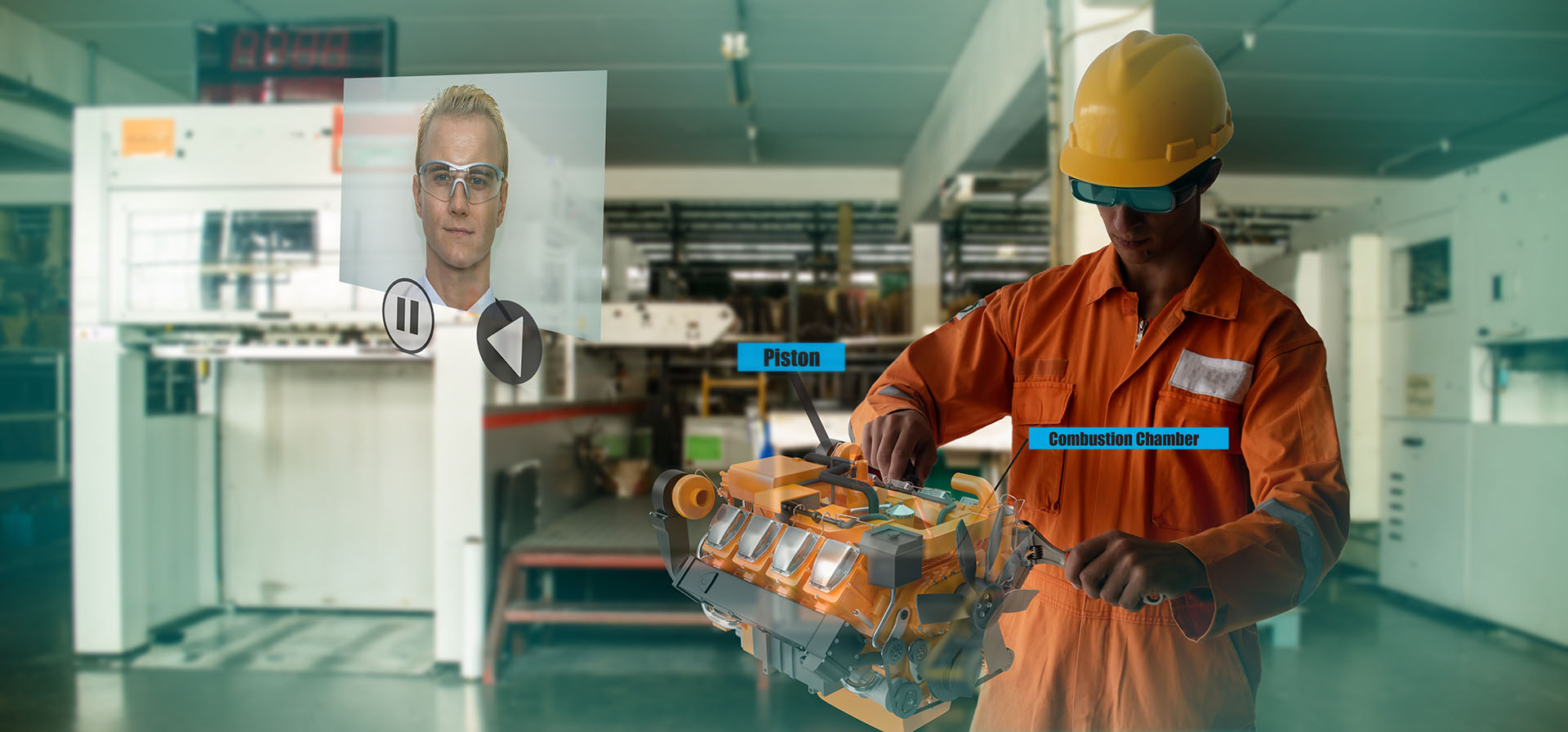 Employee with virtual reality headset working