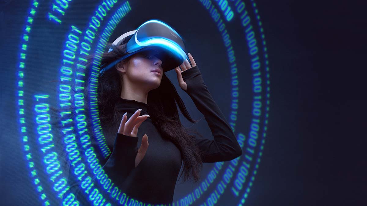 Woman in VR with binary numbers around her